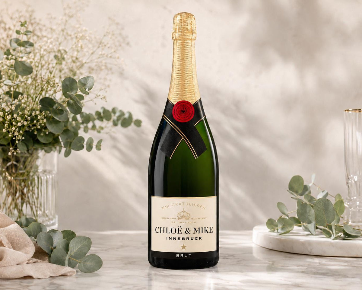 Personalisiertes Etikett Champagnerflasche | Hochzeit, Verlobung, Abitur, Schwangerschaft, Paten fragen | Flaschenetikett Ankündigung Geburt