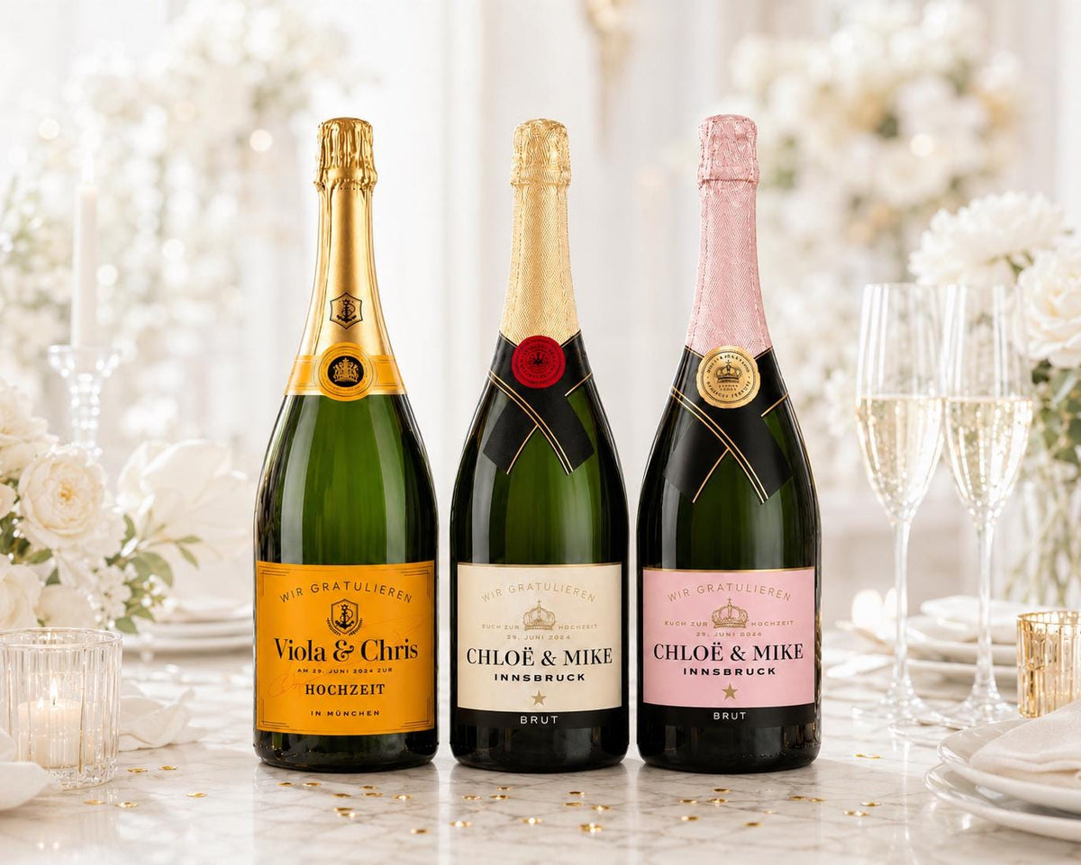 Personalisiertes Etikett Champagnerflasche | Hochzeit, Verlobung, Abitur, Schwangerschaft, Paten fragen | Flaschenetikett Ankündigung Geburt
