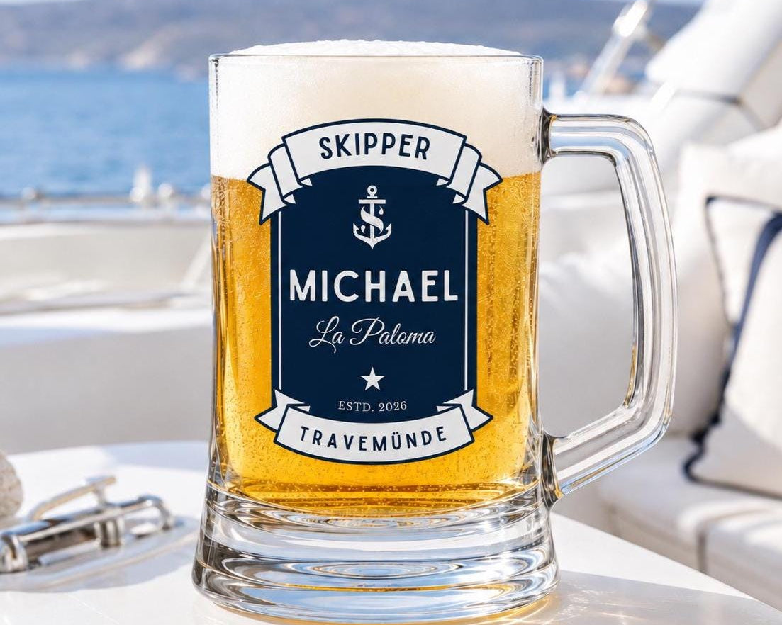 Personalisierter Bierkrug für Bootsbesitzer | Bierglas mit Bootsname & Jahreszahl | Geschenk für Skipper, Segler, Kapitän | Bierhumpen Glas