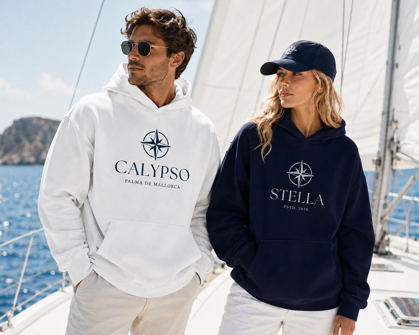 Personalisierter Oversized Hoodie mit Bootsname – Unisex Hoodie für Segler, Bootseigner & Yachtfans | blau oder weiß