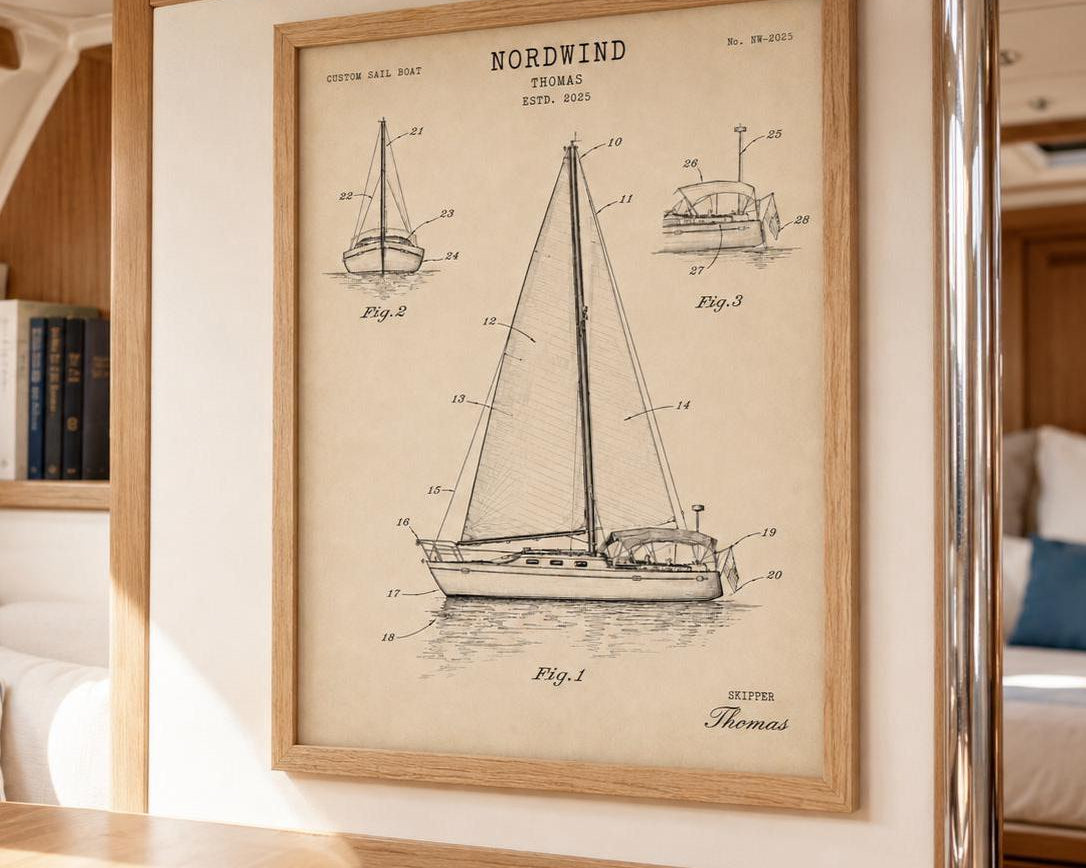 Personalisiertes Boot Poster nach Foto – Vintage Patent Poster deines eigenen Bootes, Geschenk für Skipper, Segler & Bootsbesitzer