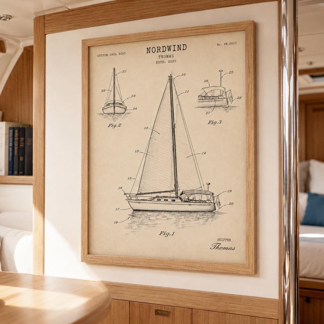 Personalisiertes Boot Poster nach Foto – Vintage Patent Poster deines eigenen Bootes, Geschenk für Skipper, Segler & Bootsbesitzer