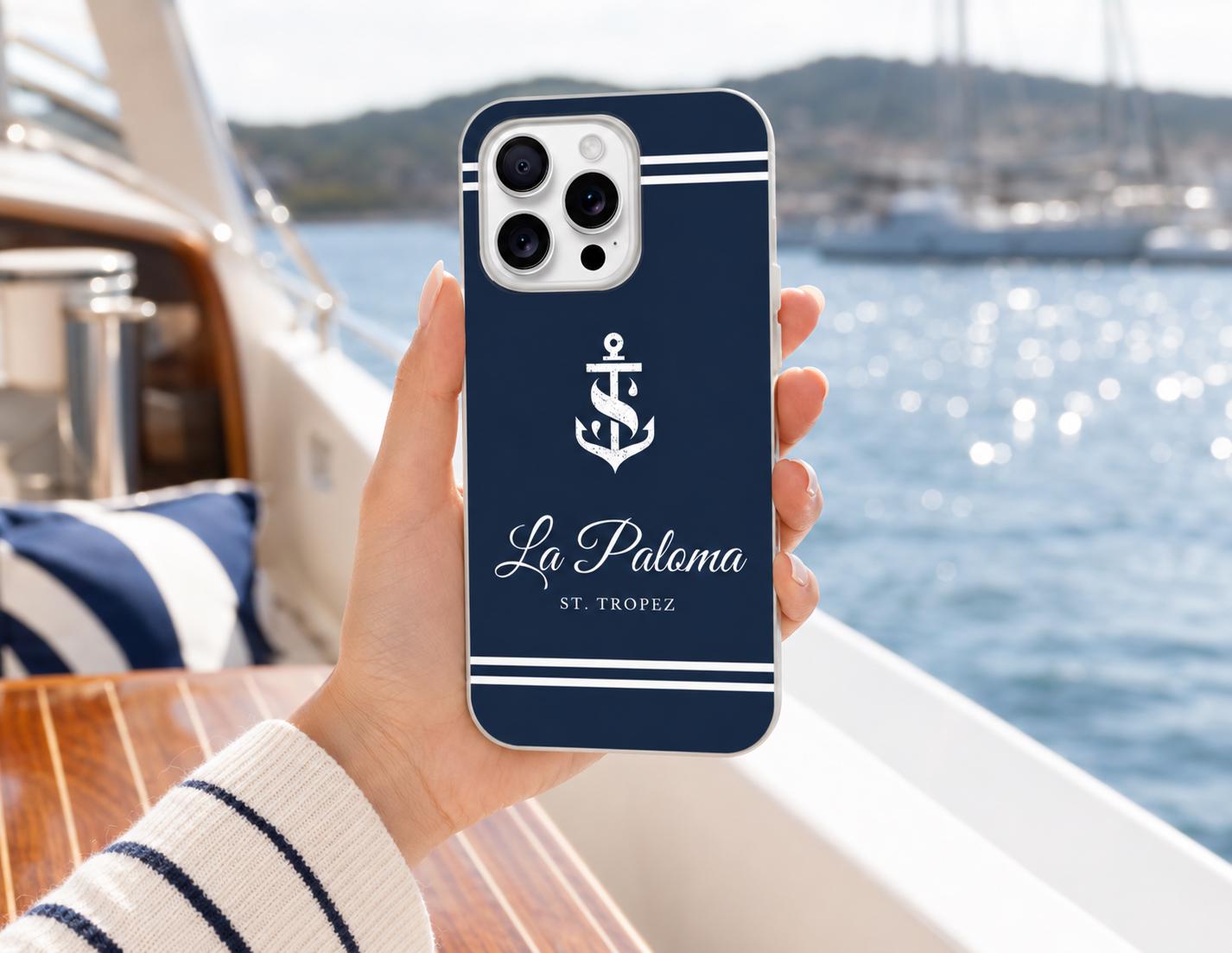 Personalisierte Handyhülle mit Bootsname | Maritime Hülle für Segler & Bootsbesitzer | Geschenk Skipper mit Anker Motiv | Apple oder Samsung