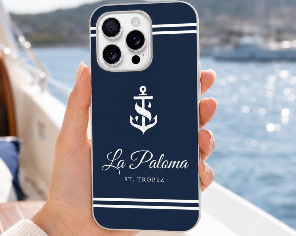 Personalisierte Handyhülle mit Bootsname | Maritime Hülle für Segler & Bootsbesitzer | Geschenk Skipper mit Anker Motiv | Apple oder Samsung