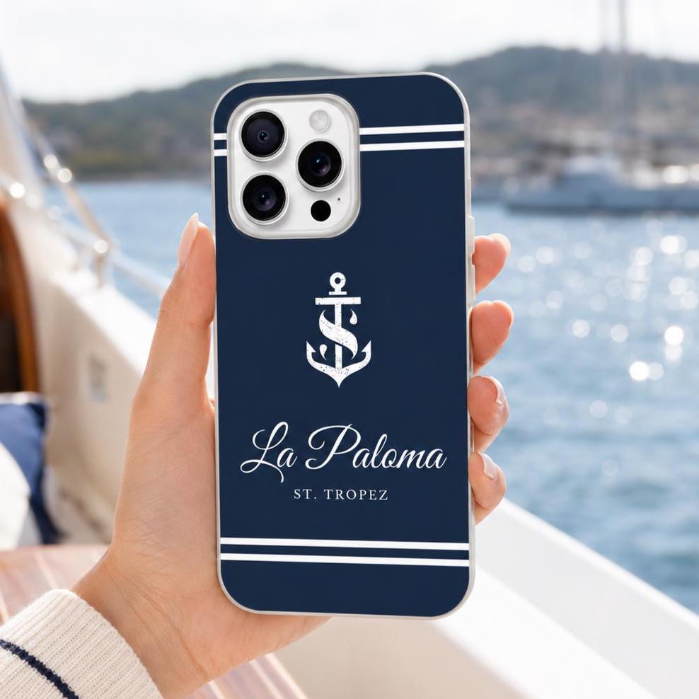 Personalisierte Handyhülle mit Bootsname | Maritime Hülle für Segler & Bootsbesitzer | Geschenk Skipper mit Anker Motiv | Apple oder Samsung