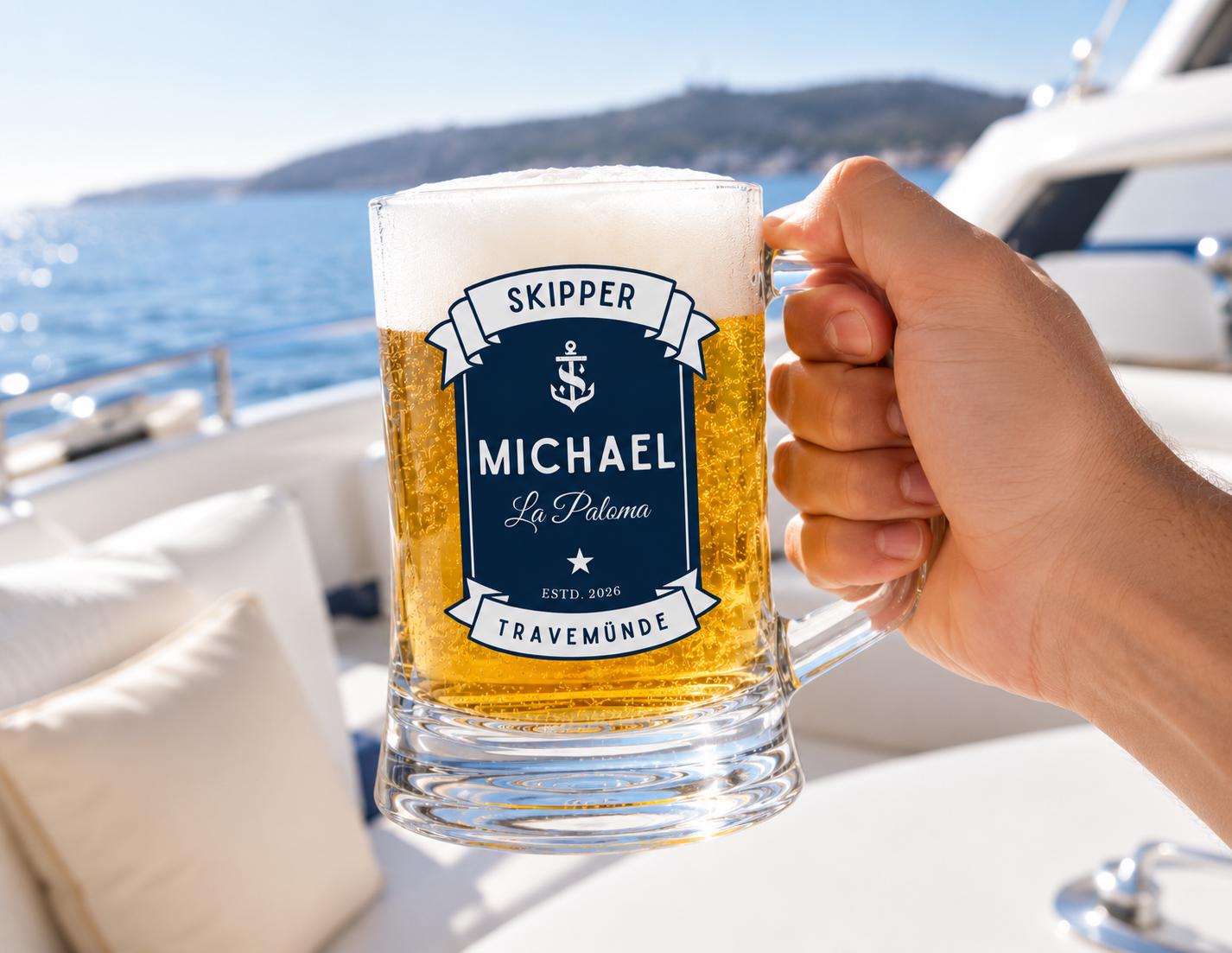 Personalisierter Bierkrug für Bootsbesitzer | Bierglas mit Bootsname & Jahreszahl | Geschenk für Skipper, Segler, Kapitän | Bierhumpen Glas