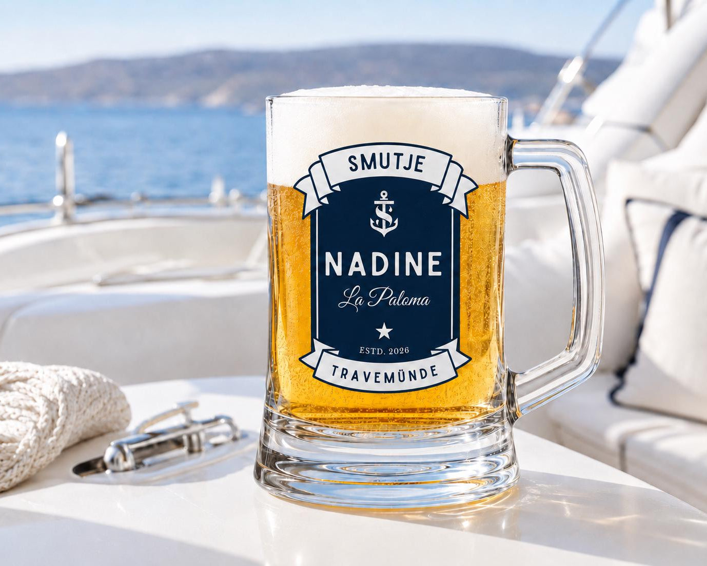 Personalisierter Bierkrug für Bootsbesitzer | Bierglas mit Bootsname & Jahreszahl | Geschenk für Skipper, Segler, Kapitän | Bierhumpen Glas