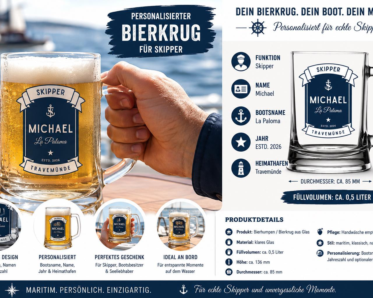 Personalisierter Bierkrug für Bootsbesitzer | Bierglas mit Bootsname & Jahreszahl | Geschenk für Skipper, Segler, Kapitän | Bierhumpen Glas