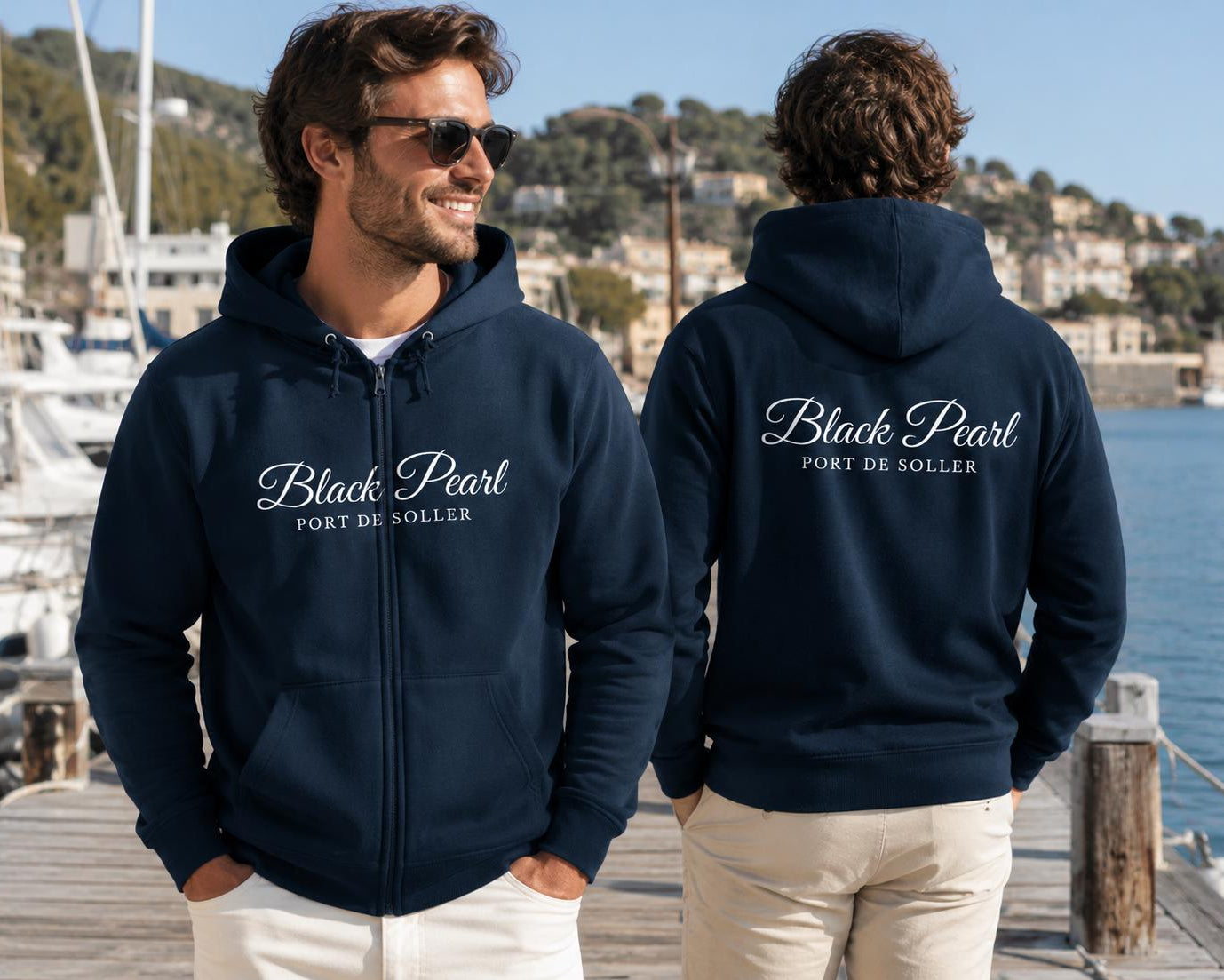 Personalisierter Herren Zipper Hoodie mit Bootsname | Maritime Skipper Reißverschluss Jacke, Segler Geschenk, Boot Outfit | Gr. S bis 5XL
