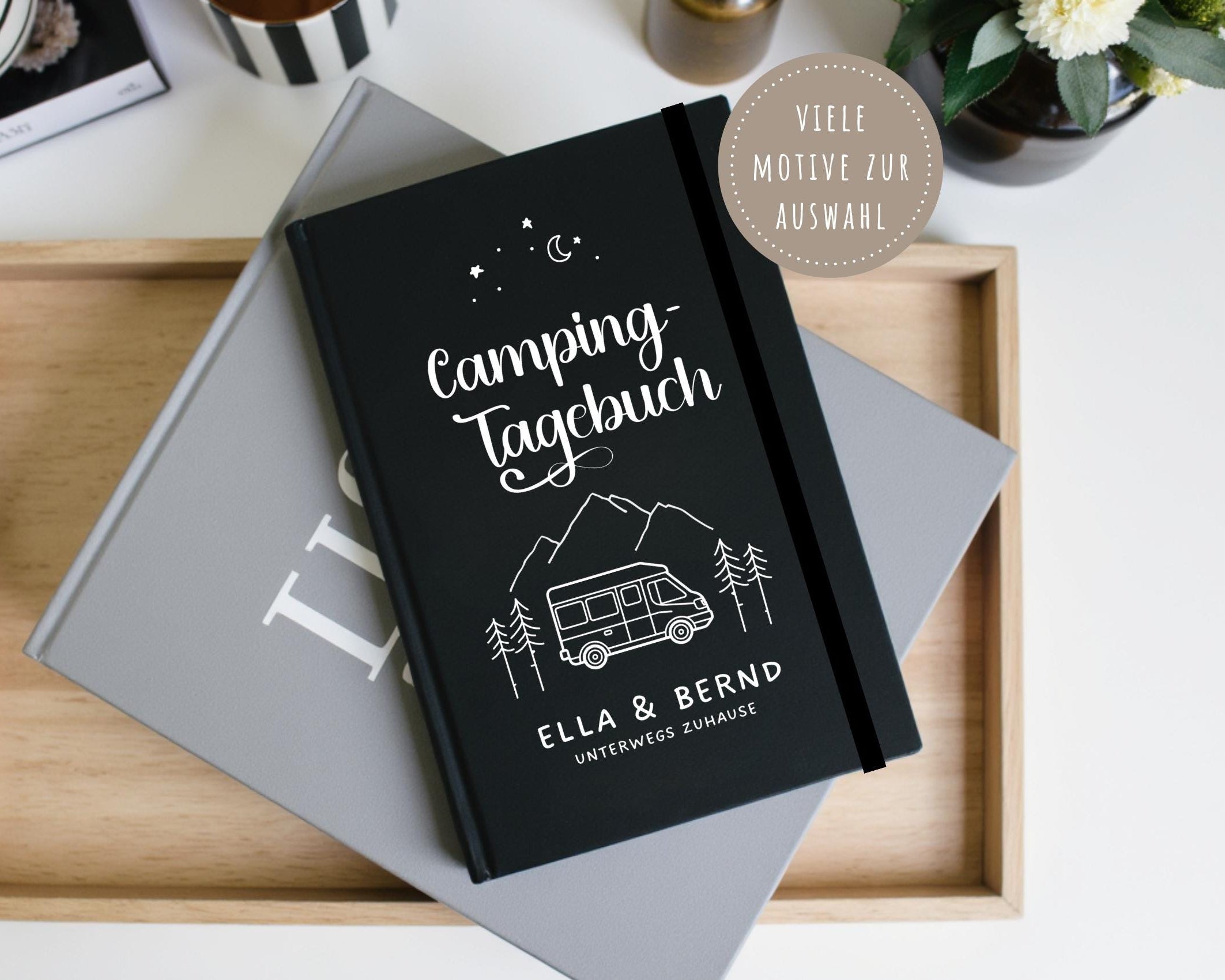 Camping Tagebuch | weißes Notizbuch | Personalisierung | Logbuch für Camper | A5 liniert | anpassbar Name, Titel, Headline