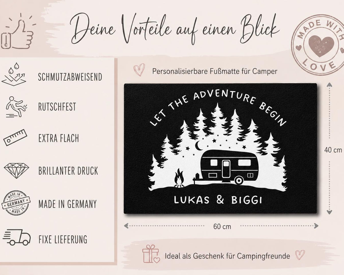 Camper Fußmatte | Personalisierte Fußmatte Camping | Geschenk Wohnmobil | schwarzer Fußabtreter mit Namen | in 2 Größen