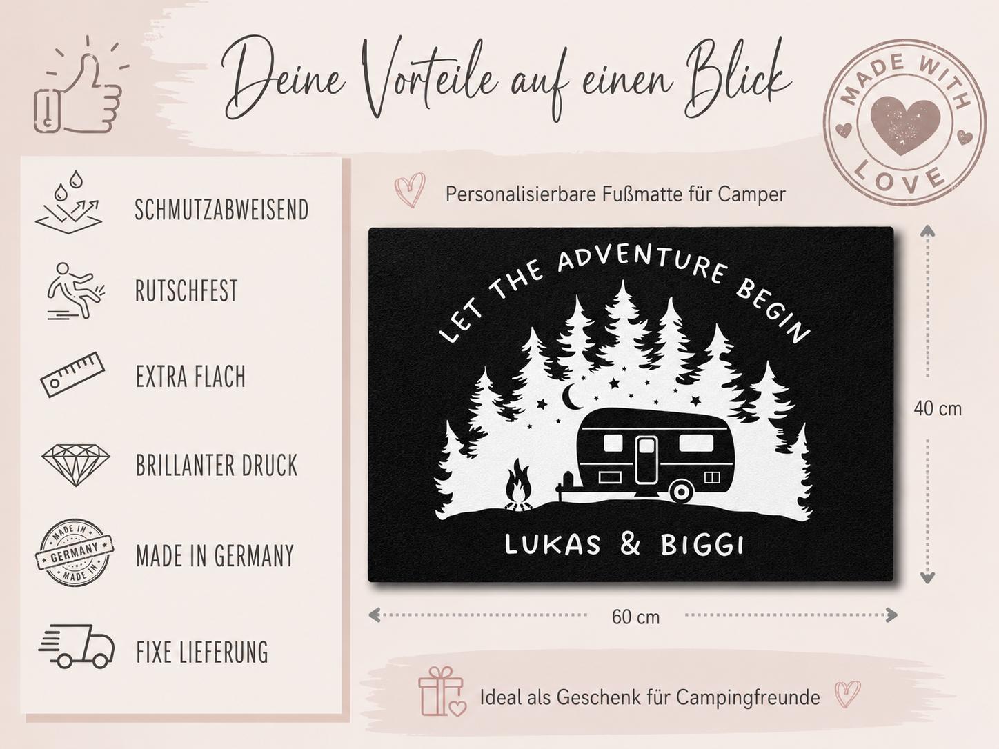 Camper Fußmatte | Personalisierte Fußmatte Camping | Geschenk Wohnmobil | schwarzer Fußabtreter mit Namen | in 2 Größen