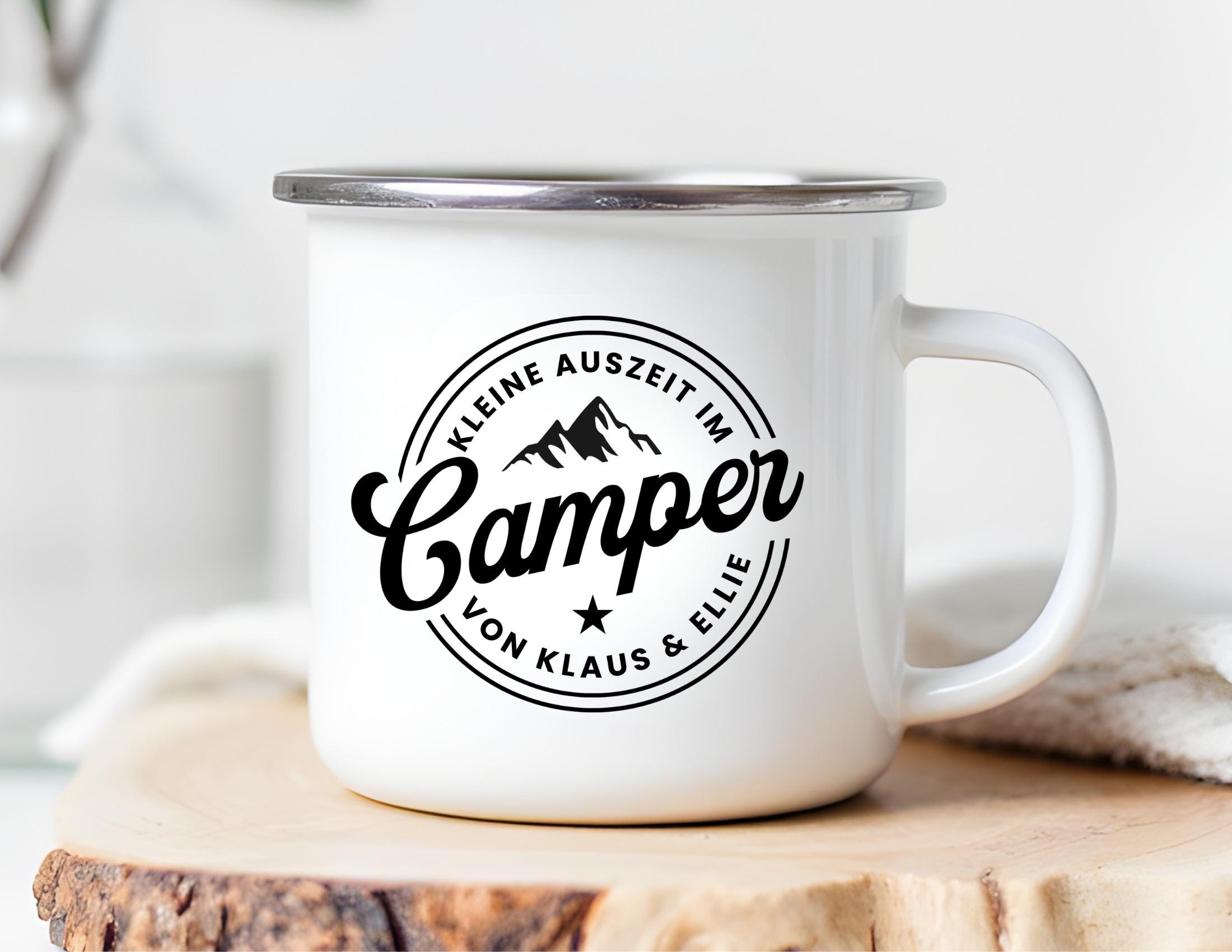 Camper Tasse Emaille personalisiert | Camping Becher mit Namen | Wohnmobil | Camper Logo | schwarz oder silber Rand