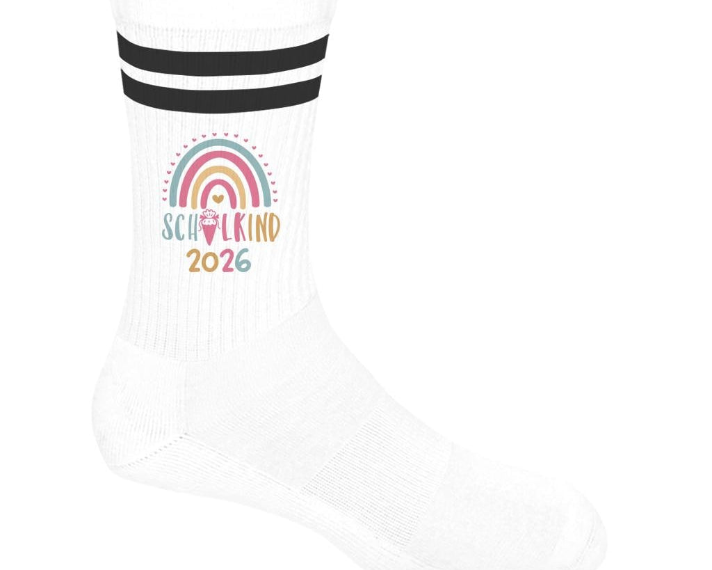 Personalisierbare Schulkind 2026 Socken mit Streifen, Einschulung Geschenk Mädchen Junge, bunte Socken, Geschenk Einschulung, Bio-Baumwolle