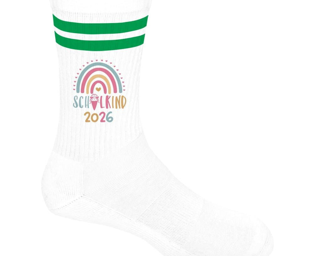 Personalisierbare Schulkind 2026 Socken mit Streifen, Einschulung Geschenk Mädchen Junge, bunte Socken, Geschenk Einschulung, Bio-Baumwolle