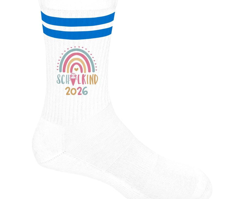 Personalisierbare Schulkind 2026 Socken mit Streifen, Einschulung Geschenk Mädchen Junge, bunte Socken, Geschenk Einschulung, Bio-Baumwolle