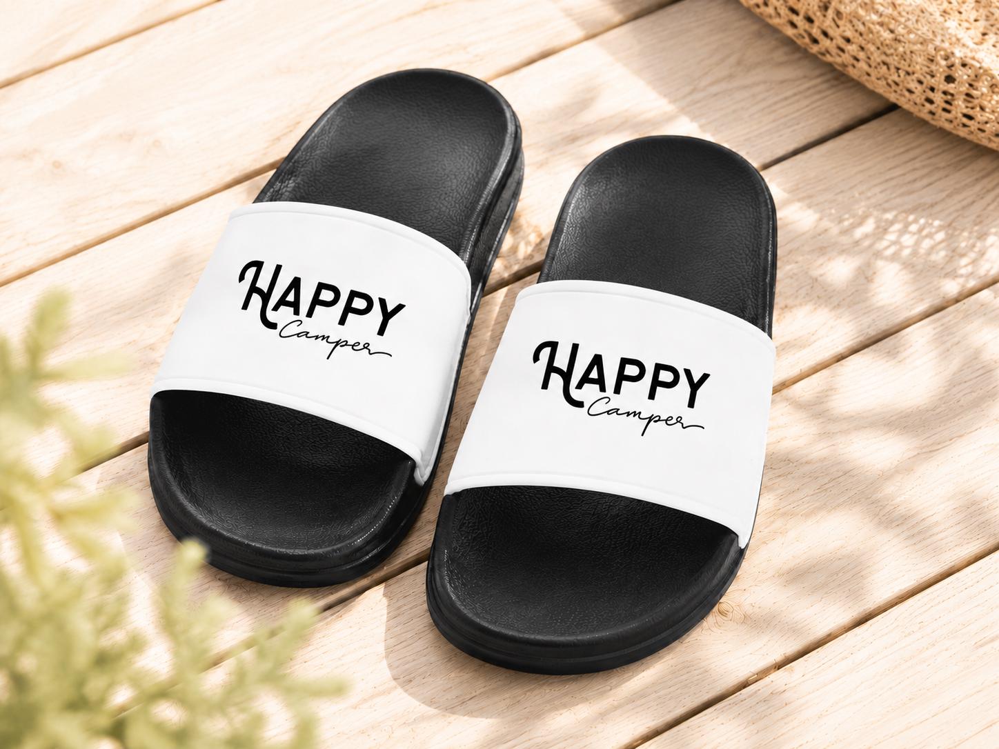 Camper Badelatschen "Happy Camper" für Campingplatz, Urlaub | schwarze Schlappen mit weißem Riemen für Dusche, Strand, Schwimmbad | unisex