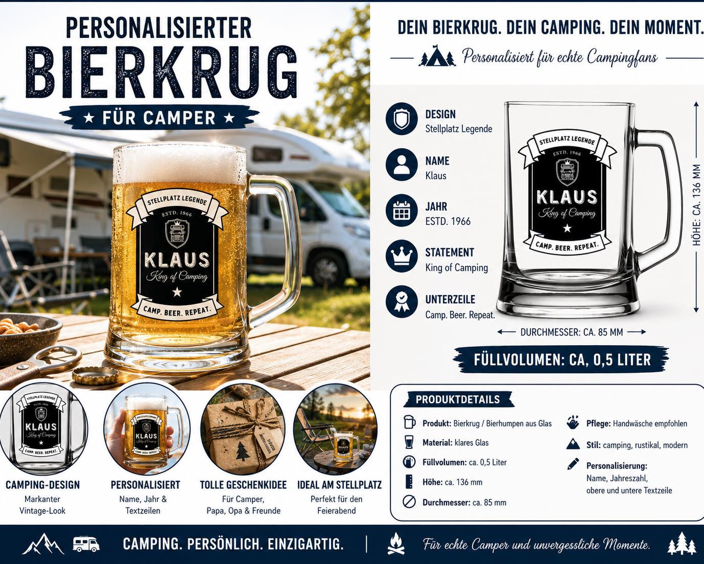 Personalisierter Bierkrug für Camper mit Name & Jahr – Camping Geschenk für Papa, Opa, Wohnmobil Besitzer, Stellplatz Legende Bierglas 0,5 L