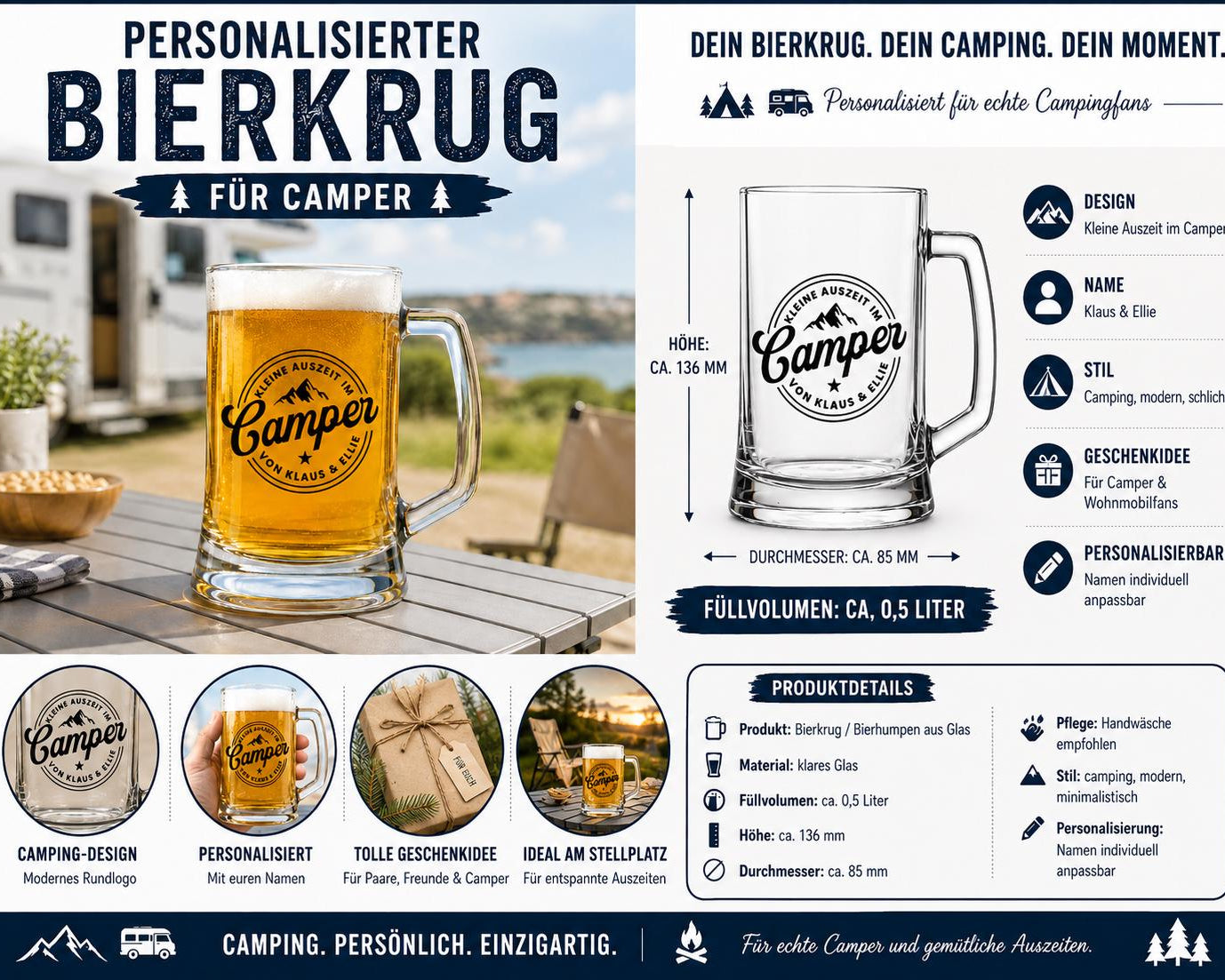 Personalisierter Bierkrug für Camper mit Namen – Camping Geschenk für Papa, Opa, Wohnmobil Besitzer, Stellplatz Legende Bierglas 0,5 L