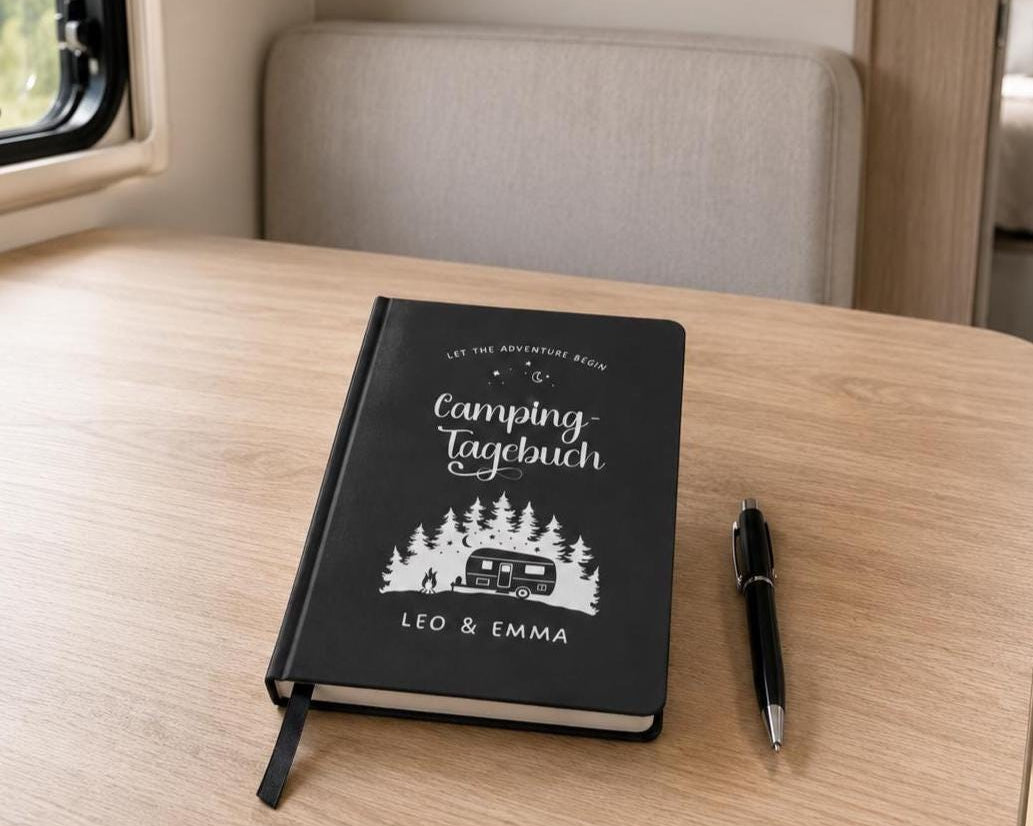 Camping Tagebuch | weißes Notizbuch | Personalisierung | Logbuch für Camper | A5 liniert | anpassbar Name, Titel, Headline