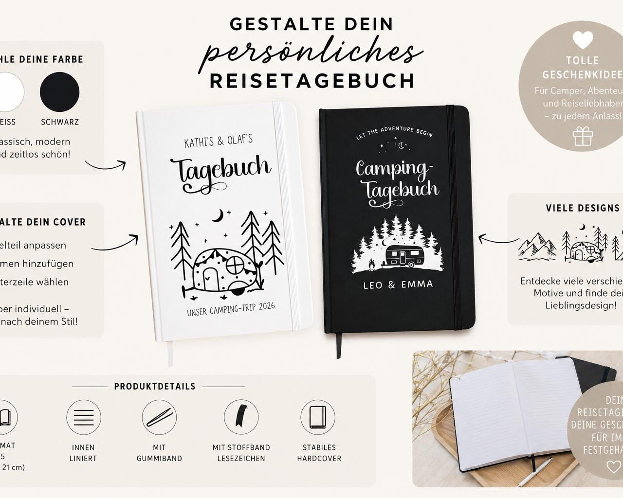 Camping Tagebuch | weißes Notizbuch | Personalisierung | Logbuch für Camper | A5 liniert | anpassbar Name, Titel, Headline
