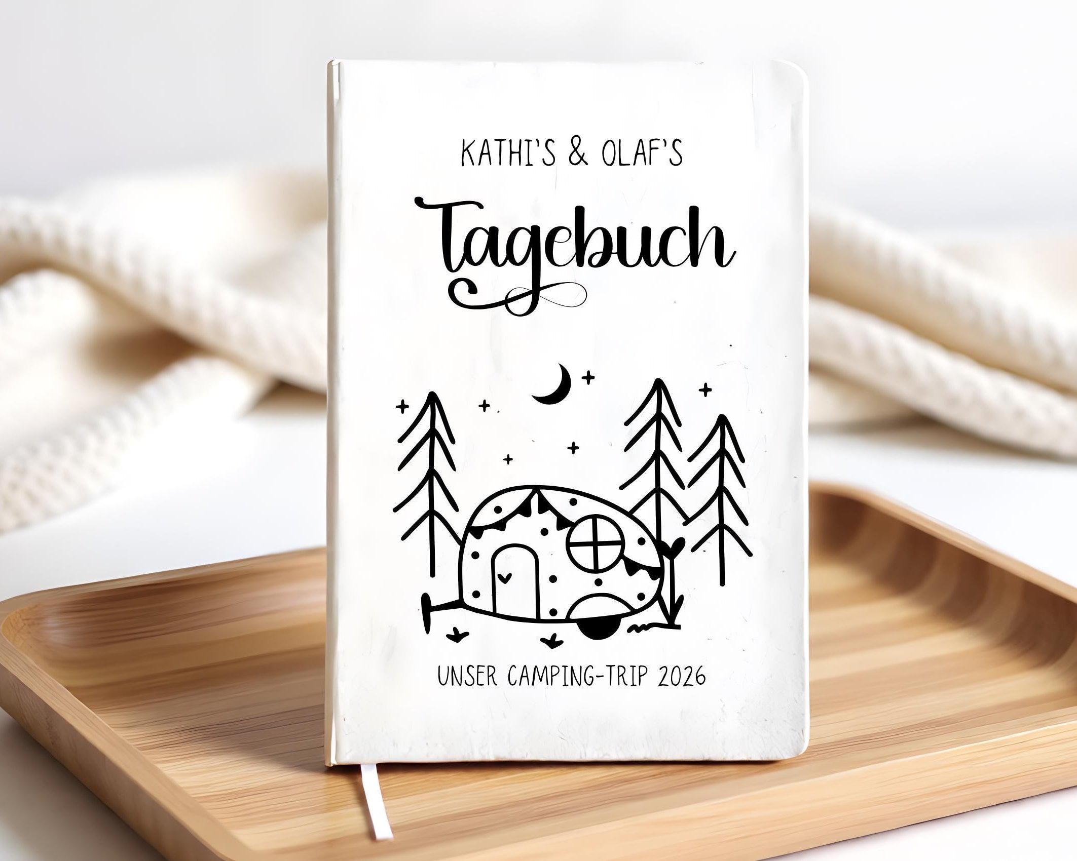 Camping Tagebuch | weißes Notizbuch | Personalisierung | Logbuch für Camper | A5 liniert | anpassbar Name, Titel, Headline