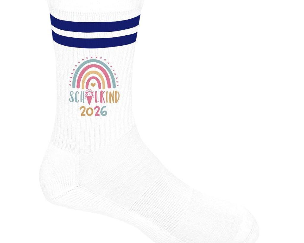 Personalisierbare Schulkind 2026 Socken mit Streifen, Einschulung Geschenk Mädchen Junge, bunte Socken, Geschenk Einschulung, Bio-Baumwolle