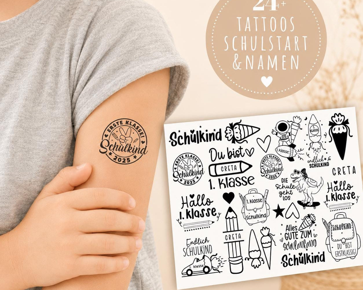 Schulkind | personalisierbare Tattoos zum Schulanfang | Kindertattoo mit Namen | 24er Set | für Jungs & Mädchen 1. Schultag | zum Schulstart