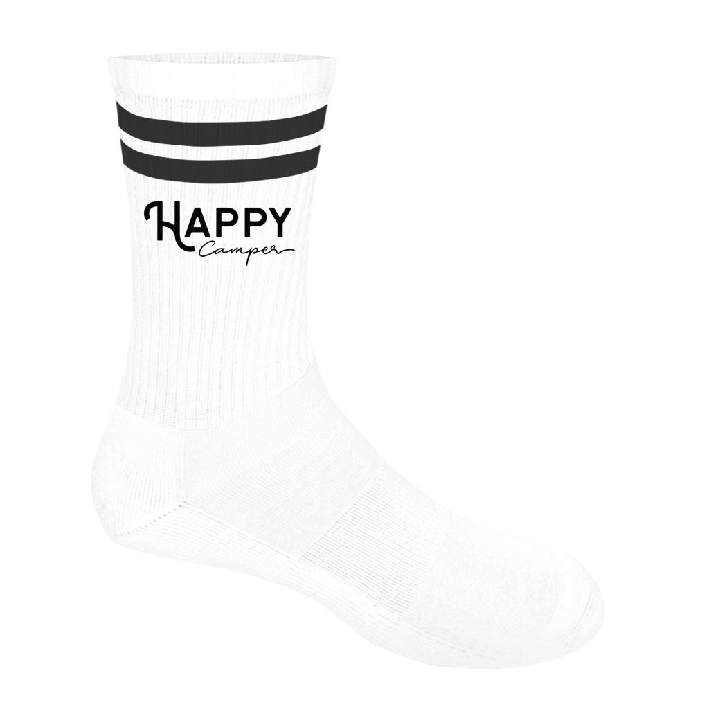 Camper Socken Happy Camper | Crew Socken mit Streifen und Camping Schriftzug | Geschenk für Camper, Wohnmobil Fahrer & Campingfans