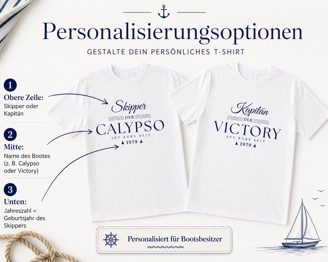 Personalisierbares Boots-Shirt mit Bootsname – Geschenkidee für Segler, Skipper & Bootsliebhaber