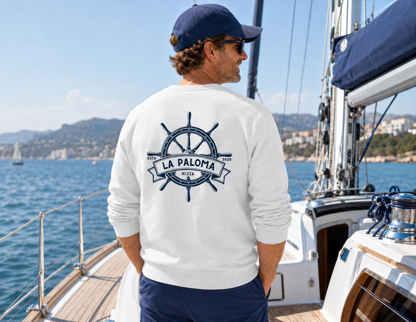 Personalisierter Sweater mit Bootsname | Maritimes Langarm Sweatshirt, Segler Geschenk, Boot Outfit | Steuerrad | Gr. XS bis XXL | weiß blau