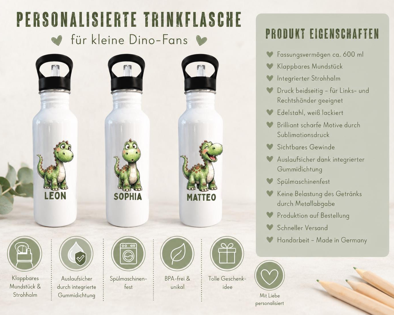 Trinkflasche Dino | personalisierte Edelstahlflasche | Geschenk für Schulanfang, Kita Start