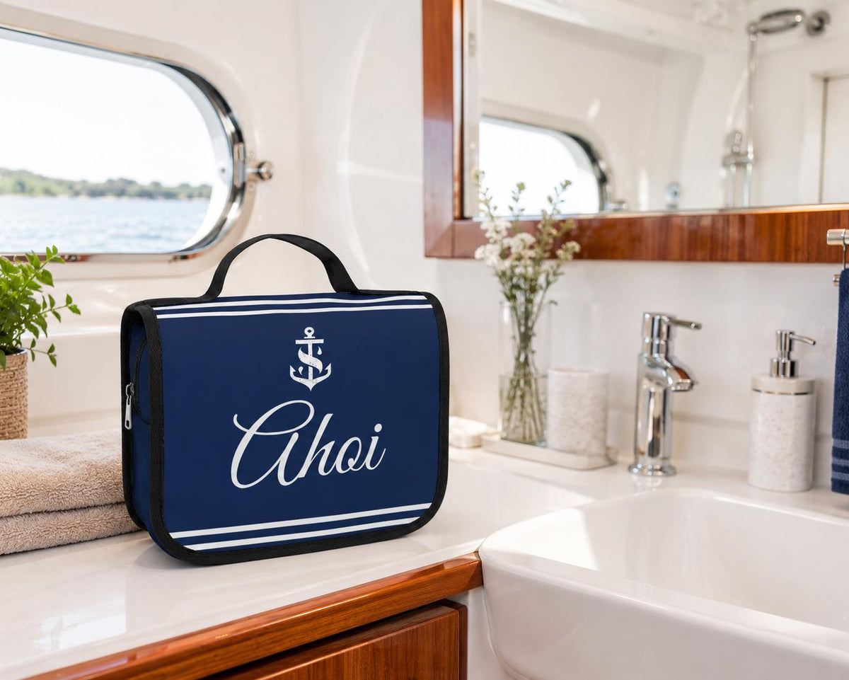 Kulturbeutel "Ahoi" für Boot & Camping | maritime Waschtasche zum Aufhängen | Kulturtasche | Travel Wash Bag | Toiletbag in navy