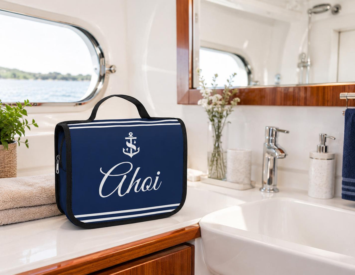 Kulturbeutel "Ahoi" für Boot & Camping | maritime Waschtasche zum Aufhängen | Kulturtasche | Travel Wash Bag | Toiletbag in navy