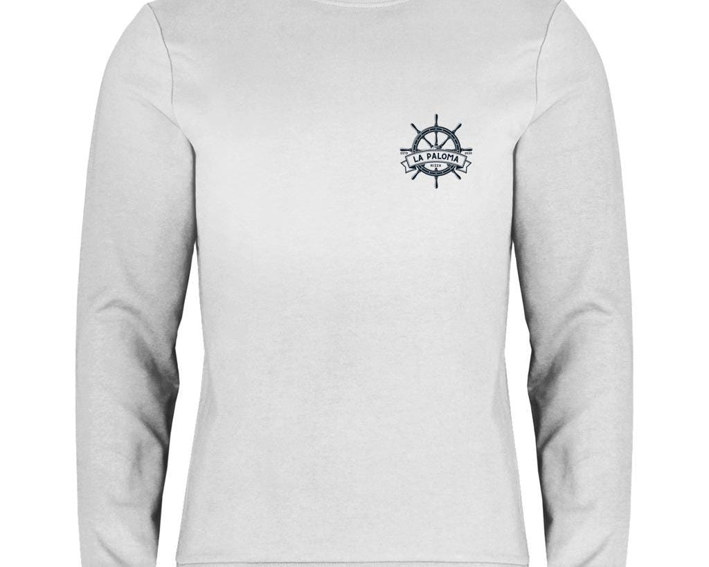 Personalisierter Sweater mit Bootsname | Maritimes Langarm Sweatshirt, Segler Geschenk, Boot Outfit | Steuerrad | Gr. XS bis XXL | weiß blau