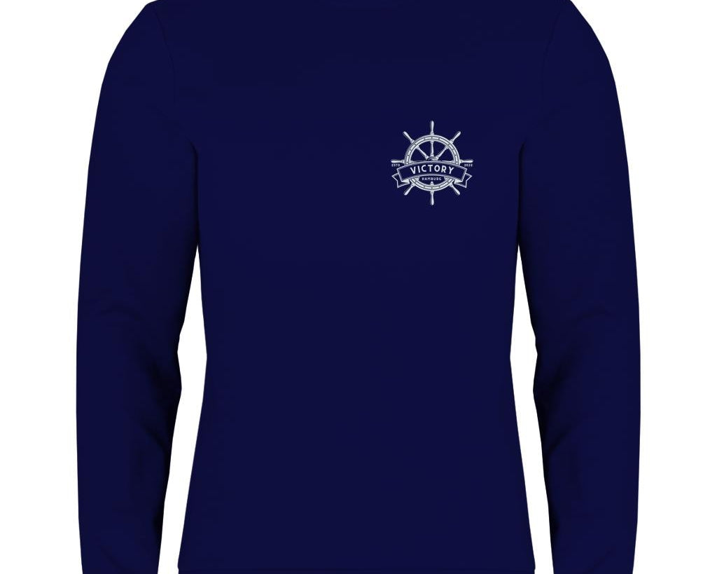 Personalisierter Sweater mit Bootsname | Maritimes Langarm Sweatshirt, Segler Geschenk, Boot Outfit | Steuerrad | Gr. XS bis XXL | weiß blau