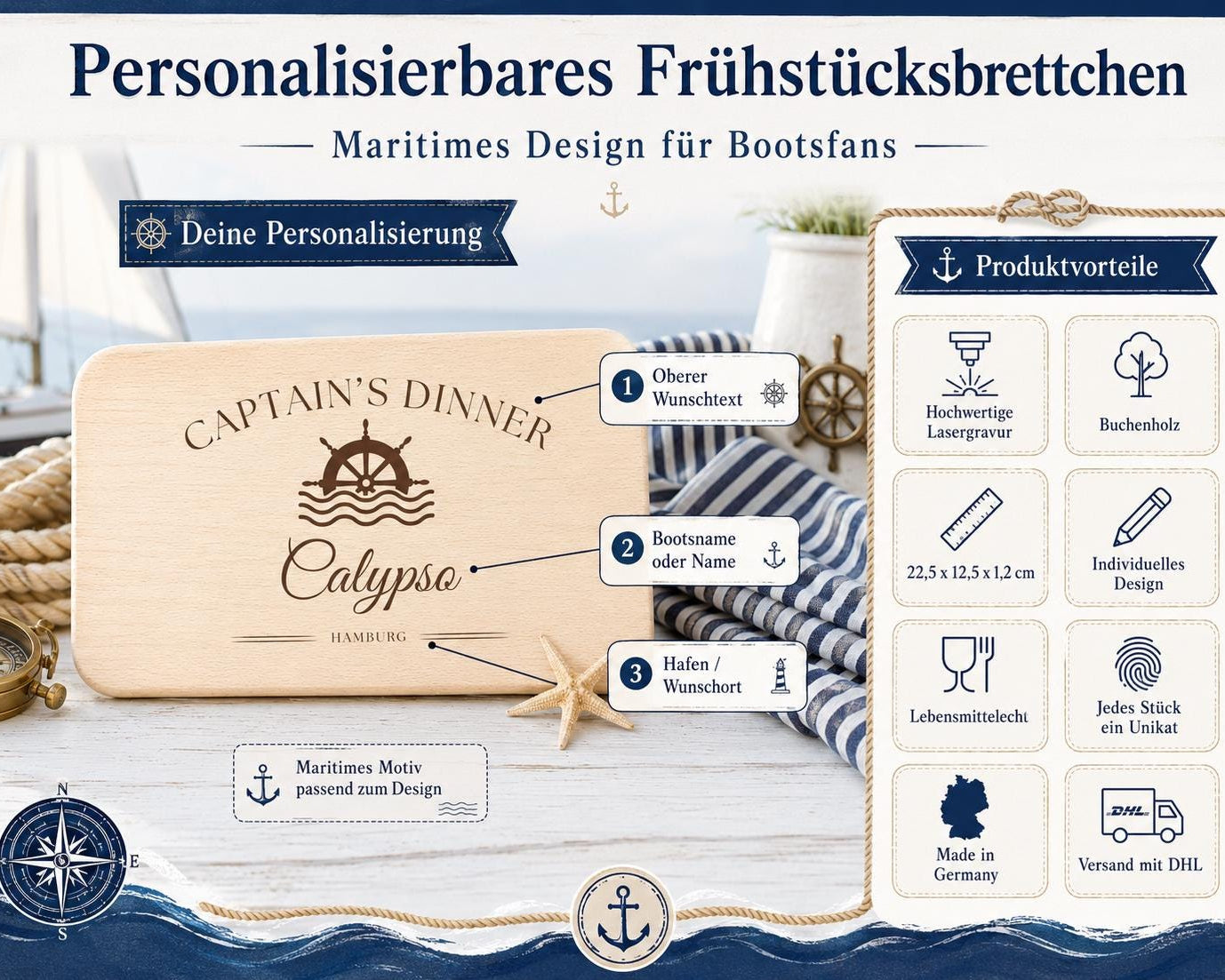 Personalisiertes Frühstücksbrettchen Boot | Maritime Lasergravur mit Bootsname und Hafen | Geschenk für Skipper, Segler und Bootseigner