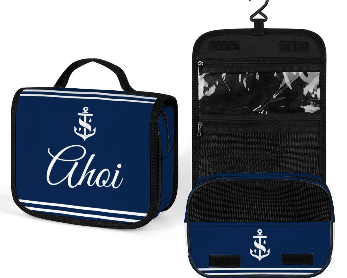Kulturbeutel "Ahoi" für Boot & Camping | maritime Waschtasche zum Aufhängen | Kulturtasche | Travel Wash Bag | Toiletbag in navy