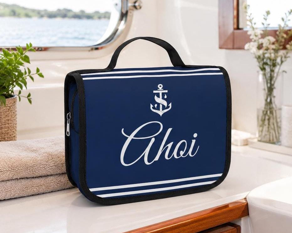 Kulturbeutel "Ahoi" für Boot & Camping | maritime Waschtasche zum Aufhängen | Kulturtasche | Travel Wash Bag | Toiletbag in navy