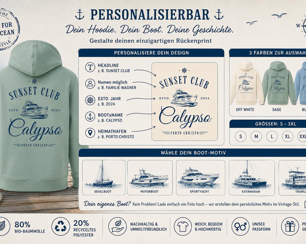 Personalisierter Herren Premium Bio Hoodie für Bootsbesitzer – maritimer Rückenprint mit Bootsname, Boot & eigenem Text | in 3 Farben