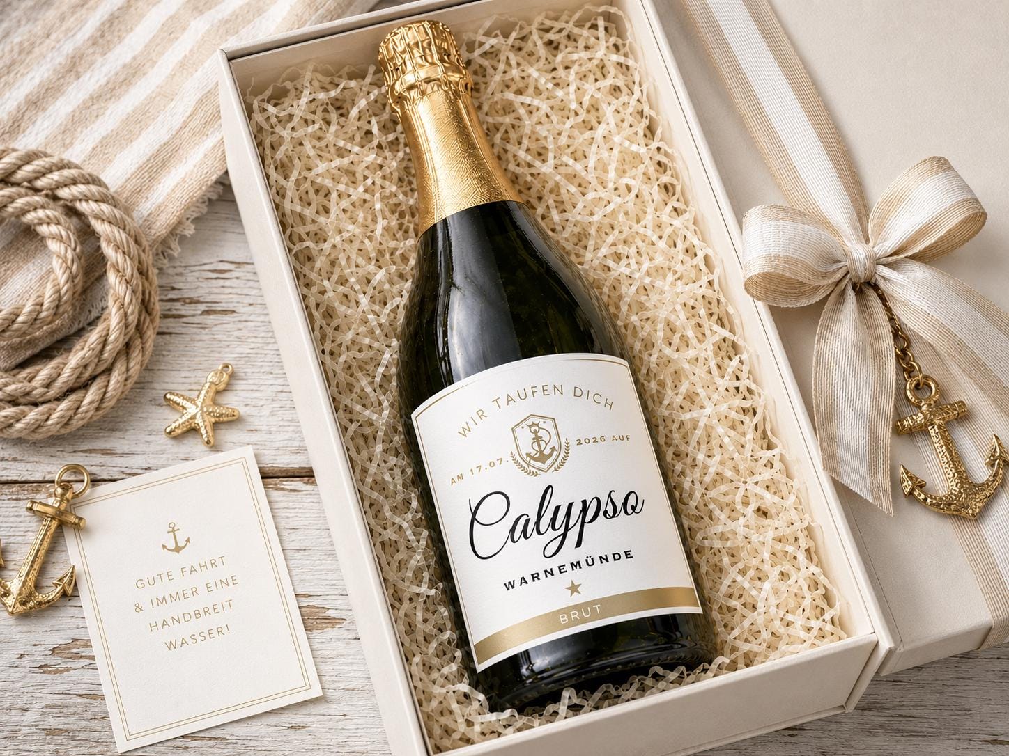 Schiffstaufe - Personalisiertes Etikett Champagnerflasche | Boot Taufe | Bootsname, Heimathafen, Datum, Grußtext anpassbar für Bootstaufe