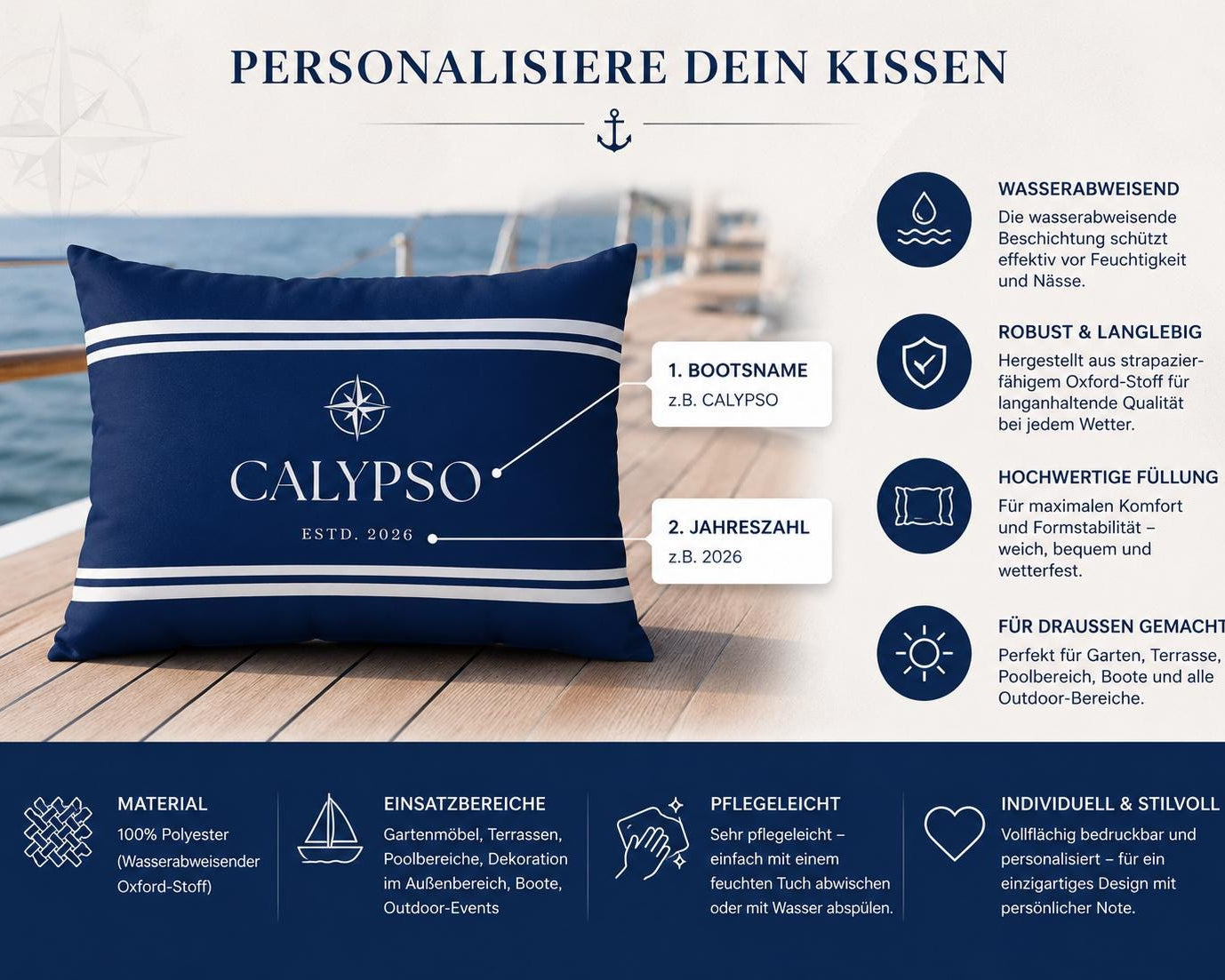 Wasserabweisendes Kissen | personalisiert für Dein Boot | Name, Hafen | Rechteckig 50 × 35 cm | mit Füllung
