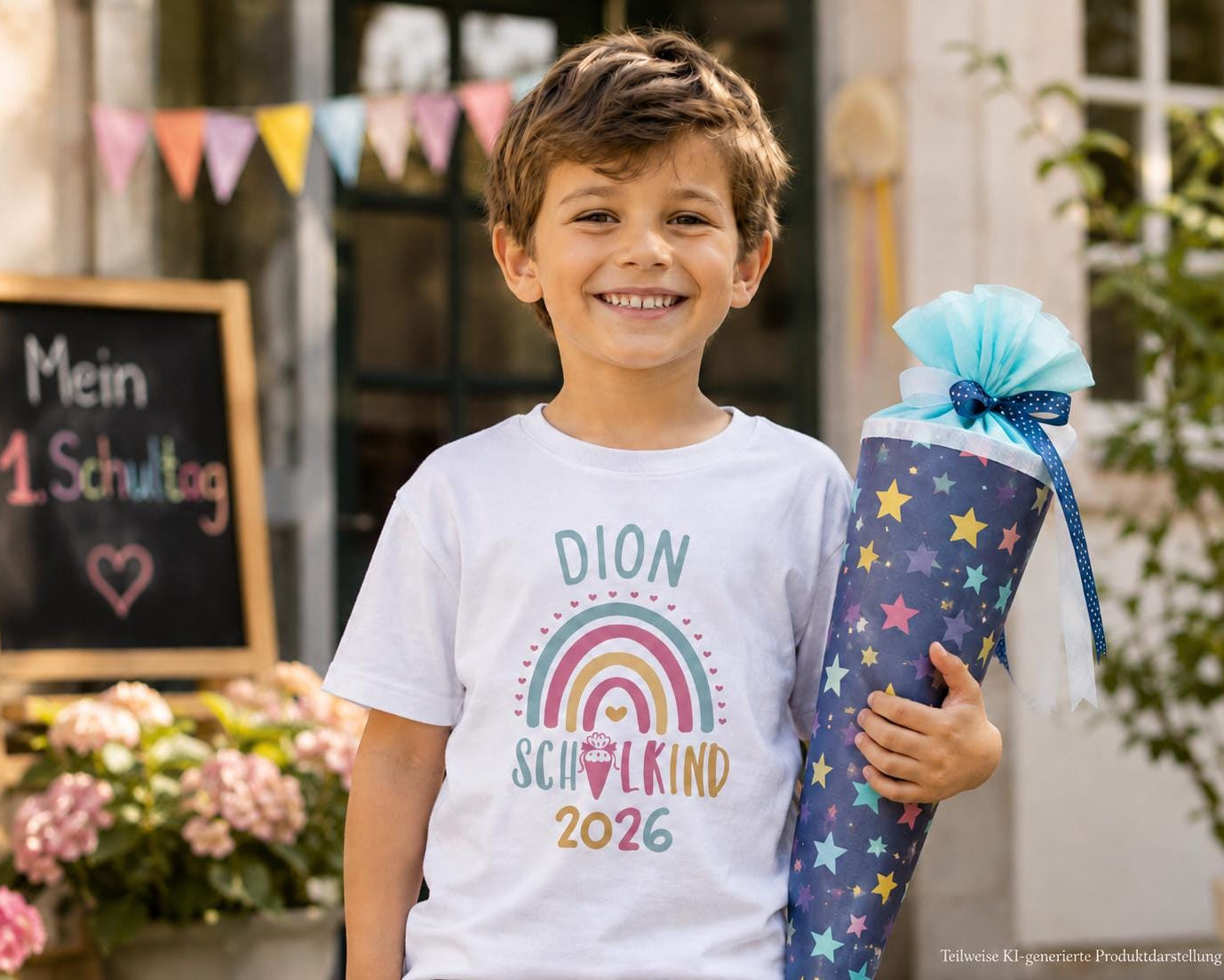 Personalisiertes Schulkind T-Shirt 2026 mit Name – Einschulungs-Shirt mit Regenbogen & Schultüte