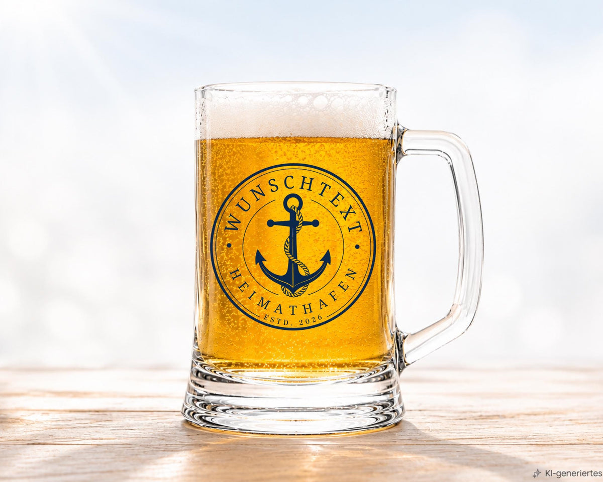 Personalisierter Bierkrug mit Anker – maritimes Geschenk mit Wunschtext, Heimathafen und Jahr – Bierglas 0,5 l