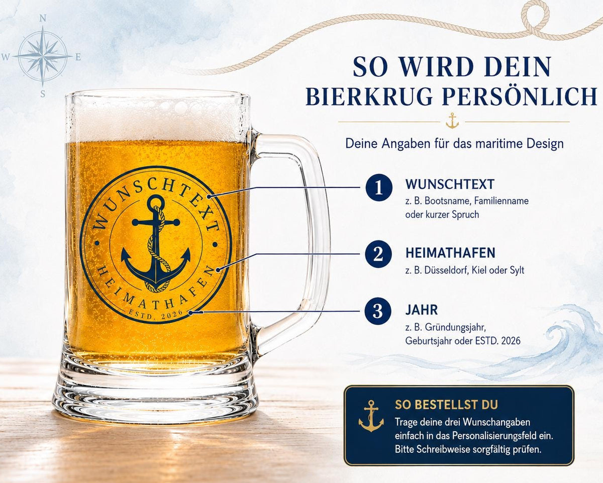 Personalisierter Bierkrug mit Anker – maritimes Geschenk mit Wunschtext, Heimathafen und Jahr – Bierglas 0,5 l