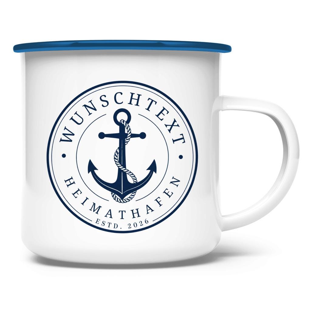 Personalisierte Emaille Tasse mit Anker | Heimathafen & Wunschtext | Geschenk für Segler, Skipper, Bootsbesitzer