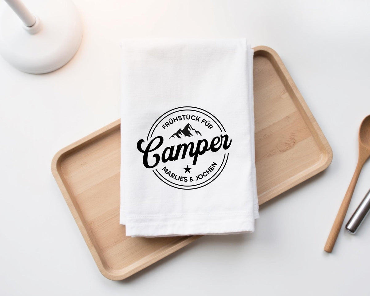 Personalisiertes Geschirrtuch | Frühstück für Camper - Camping-Logo mit euren Namen | in weiß oder grau