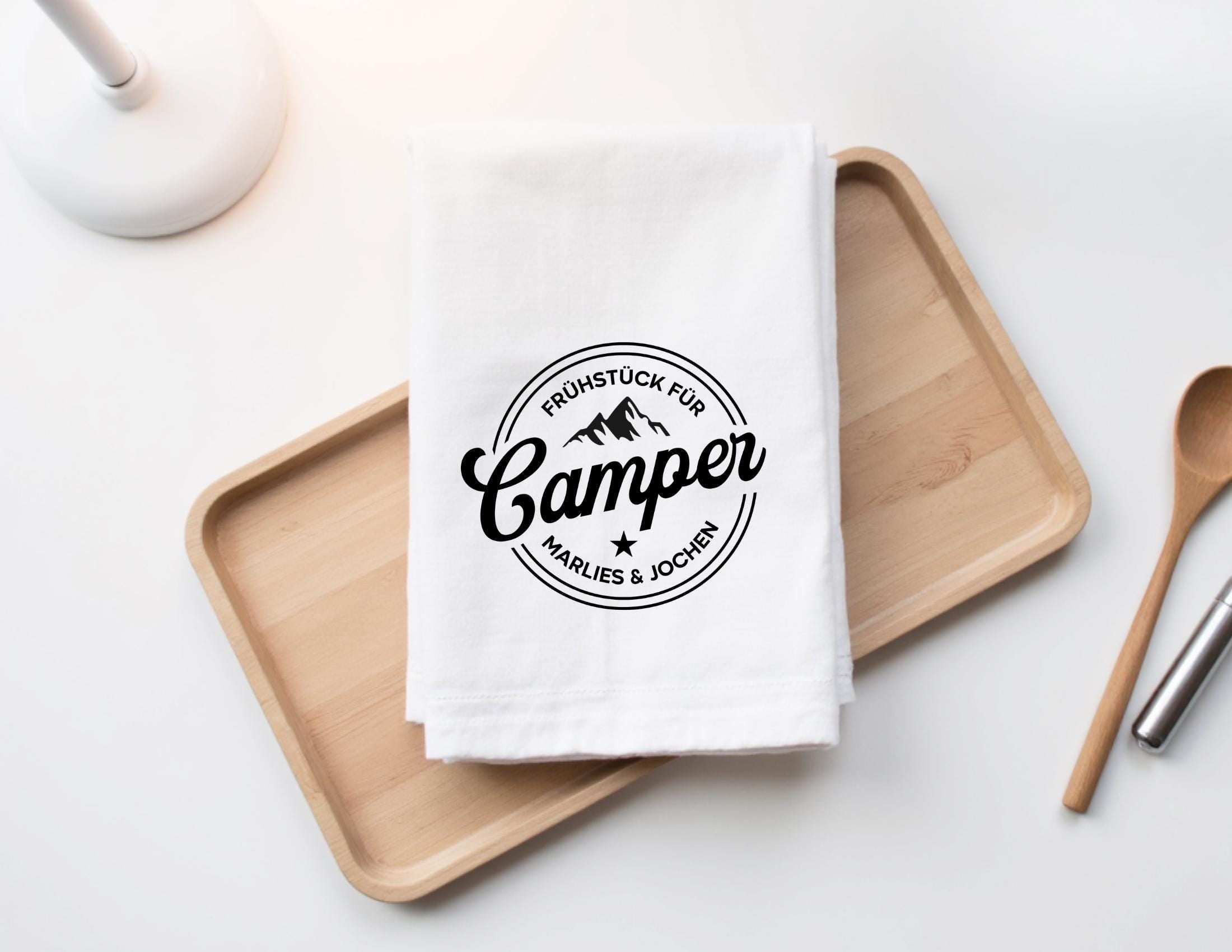 Personalisiertes Geschirrtuch | Frühstück für Camper - Camping-Logo mit euren Namen | in weiß oder grau