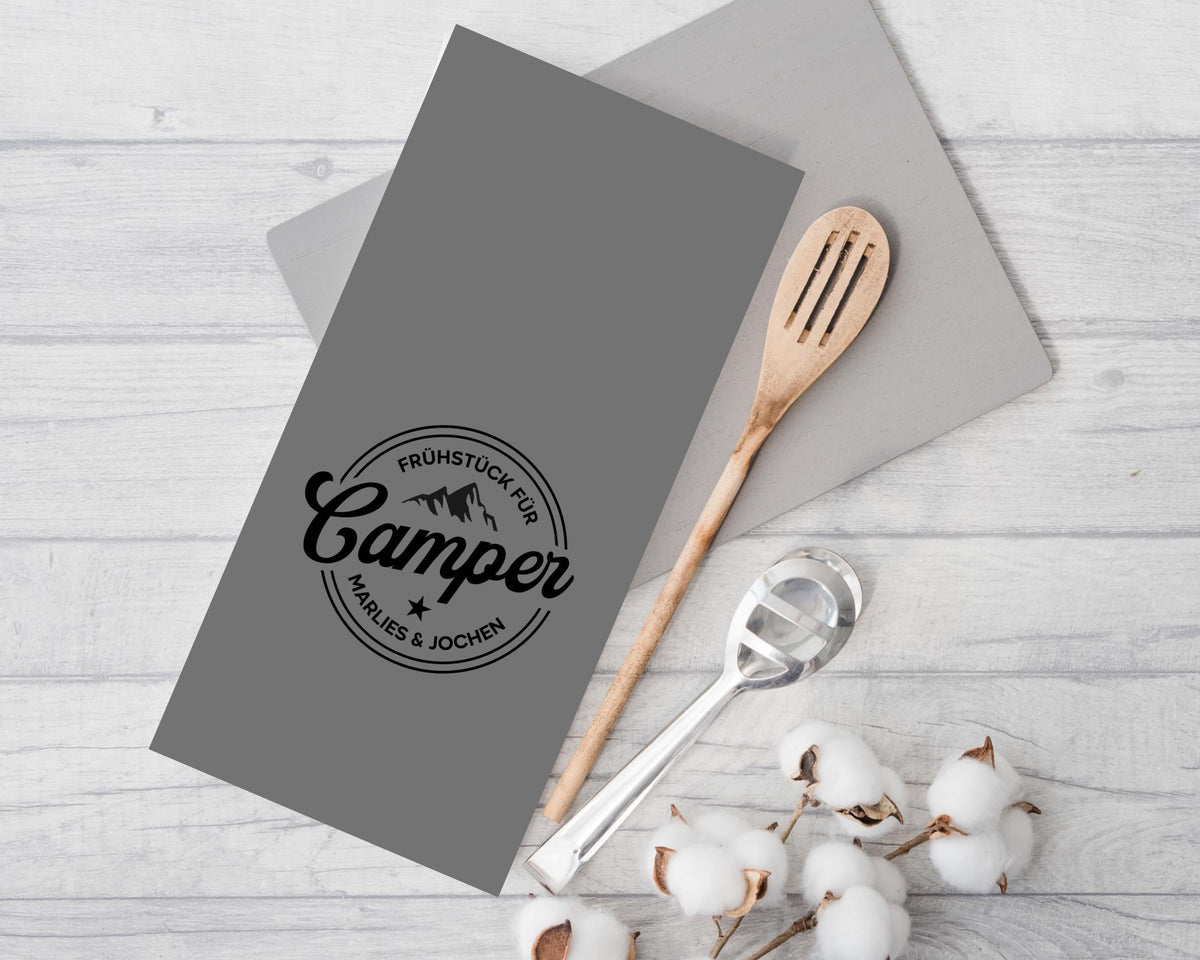 Personalisiertes Geschirrtuch | Frühstück für Camper - Camping-Logo mit euren Namen | in weiß oder grau