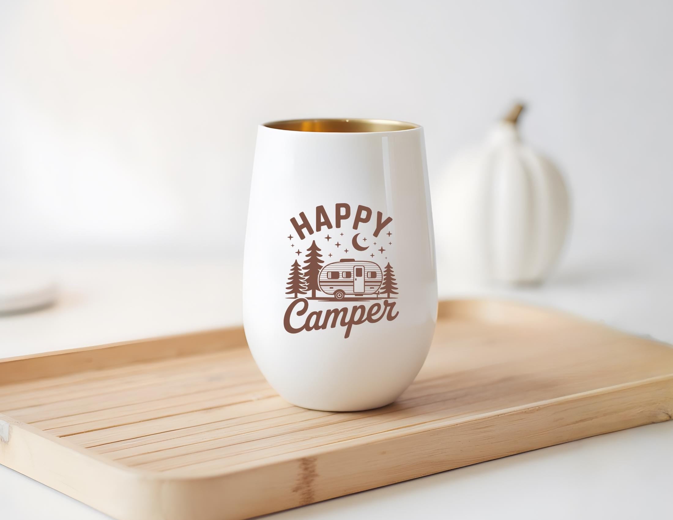 Windlicht Camper Happy Camper | Camping Deko mit Gold | Geschenk für Camper & Wohnwagen Fans | Gemütliche Camping Tischdeko